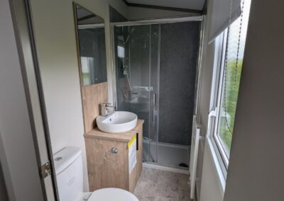 Shower room with thermostatic shower and vanity unit